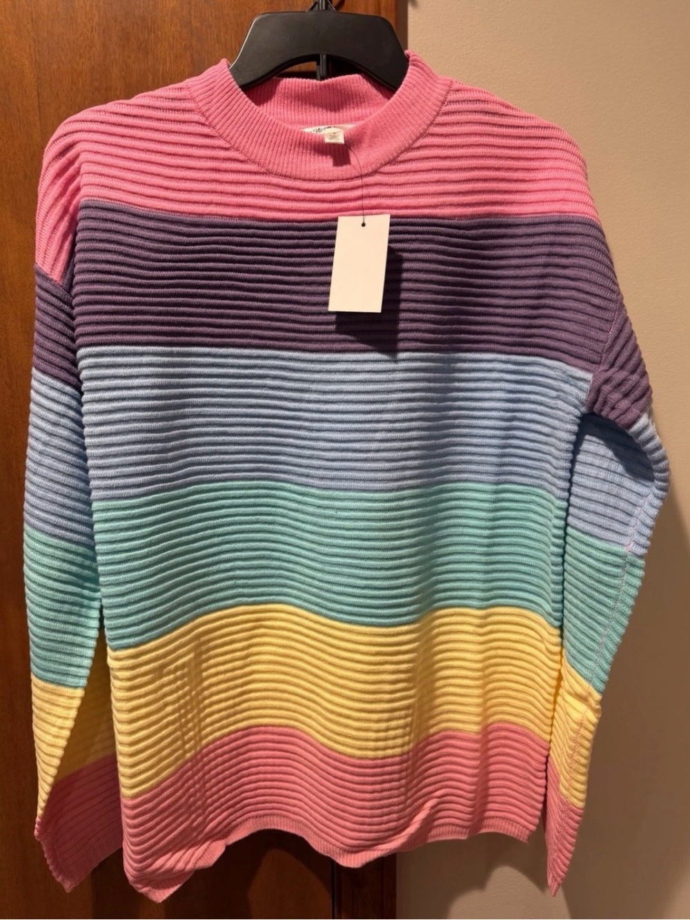 Striped Ribbed Turtleneck Sweater in Pink, Purple, Light Blue, Mint & Yellow